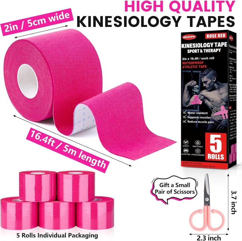 NUITPY 5 Rolls Kinesiology Tape, 2 inch x 16.4 Feet Waterproof Athletic Tape, Uncut Kinetic Tape, Muscle Tape, Sports Tape, Knee Tape for Exercise and Daily Use - Rose Red - Image 2